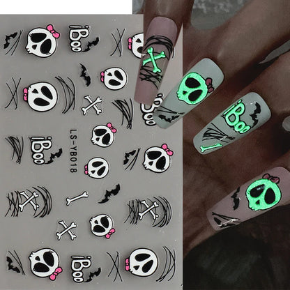 sengpan Luminous Nail Stickers Glow In Dark Halloween Nail Art Decoration Cartoon Skull Ghost Sliders Bones Spider Decal Tattoo GLYB-018