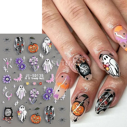 sengpan 5D Ghost Halloween Nail Art Stickers Cartoon Pumpkins Skulls Flowers Nail Decals Y2K Halloween Self-Adhesive Manicure Deco JI-5D