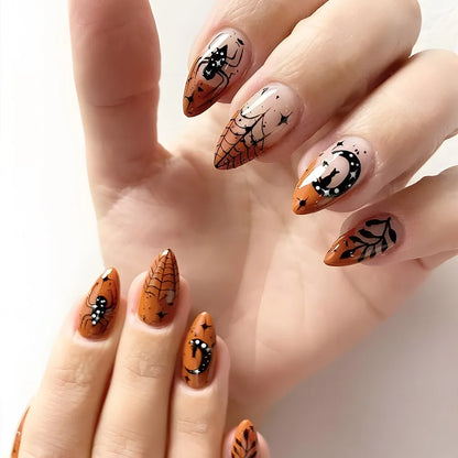 Lianfudai 24pcs Short Halloween Fake Nails Cute Pumpkin Cat Ghost False Nail Patch Full Cover Wearable Fake Nail Tips 2024 Halloween Gifts