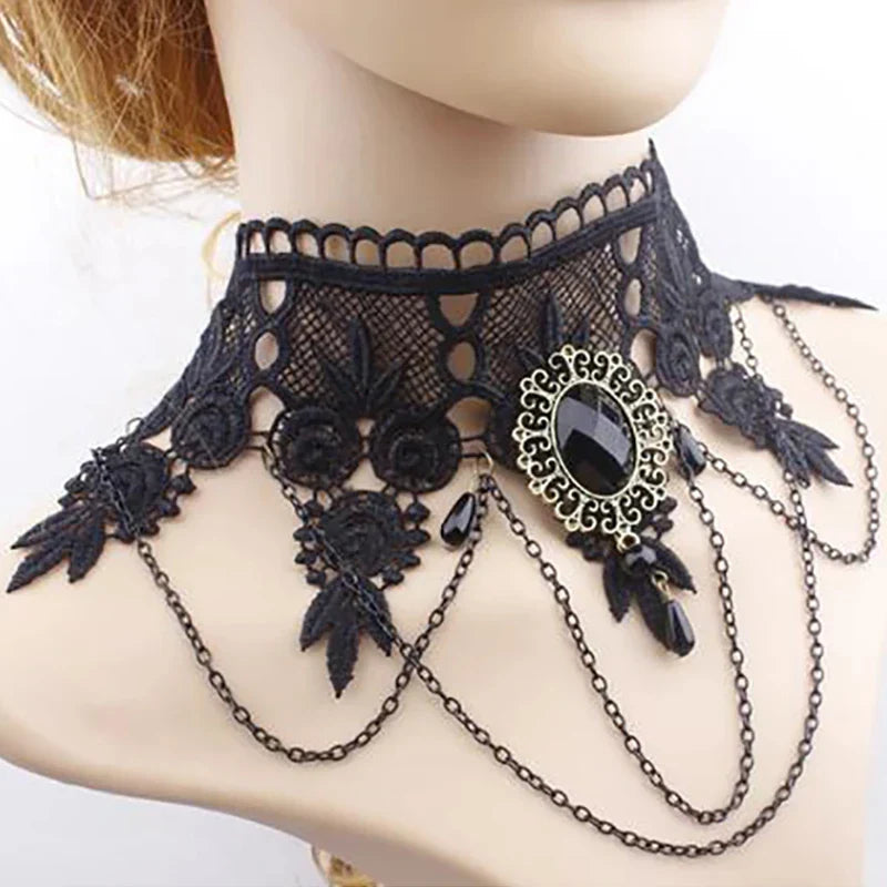 sengpan  Fashion Gothic Victorian Crystal Tassel Tattoo Choker Necklace Black Lace Collar Vintage Women Wedding Jewelry