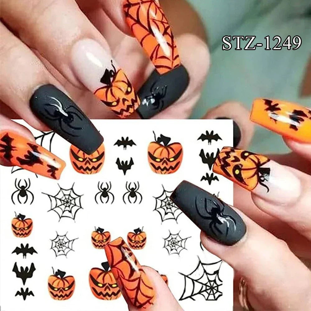 sengpan Halloween Nail Art Stickers Evil Pumpkin 3D Nail Decals Cartoon Skull Water Transfer Sticker DIY Festival Nail Decorations