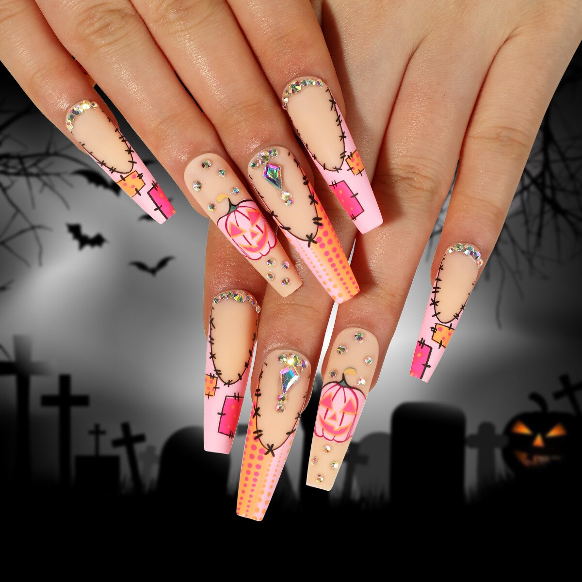 sengpan 24Pcs Halloween False Nails Long Ballet Fake Nails with Ghost Cobweb Design Pink French Coffin Full Cover Press on Nail Tips