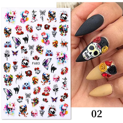 sengpan 3D Skull Pumpkin Head Bat Nail Stickers Nail Supplies Nail Sliders Halloween Stickers Nail Decorations Nail Decals