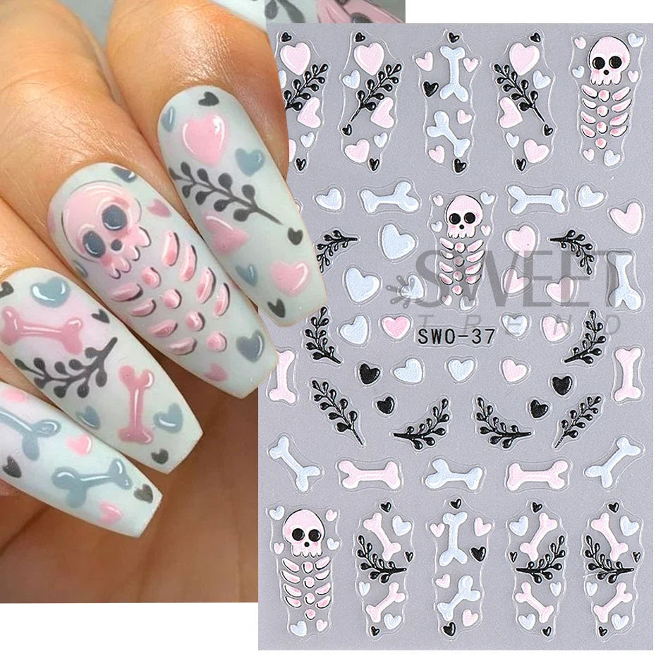 sengpan 3D Halloween Nail Stickers Cartoon Mummy Bandages Ghost Eyes Pumpkin Spider Web Blood Drops DIY Winter Matte Nail Art Decoration