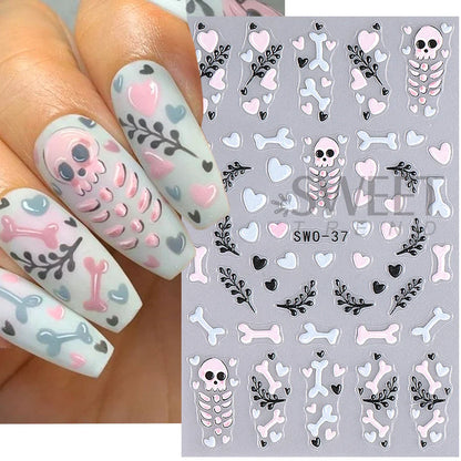 sengpan 3D Halloween Nail Stickers Cartoon Mummy Bandages Ghost Eyes Pumpkin Spider Web Blood Drops DIY Winter Matte Nail Art Decoration