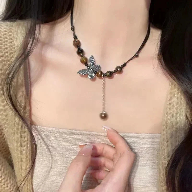 Lianfudai New Chinese style beaded butterfly necklace with a new high-end design niche sweater chain, women's summer collarbone chain