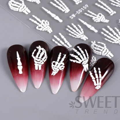 sengpan 5D Halloween Hand Bones Nail Art Sticker Flower Petal Engraved Slider Decal DIY Manicure Decoration Tips Nail Accessories Tools