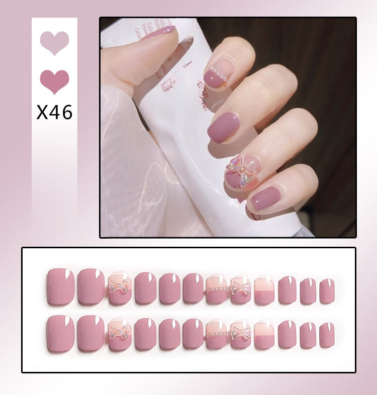 sengpan 24Pcs French With Drill Short Fake Nails Press On Nail Tips Artificial Full Cover Cute Bow Wearing False Nails Art Free Shipping