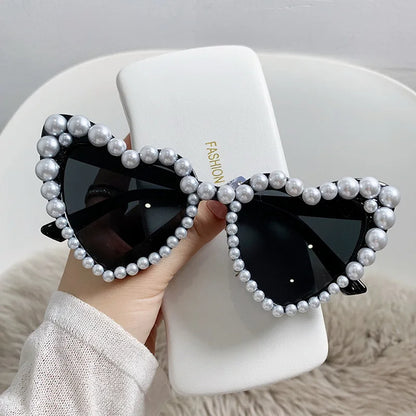 sengpan Fashion Retro Heart-Shaped Imitation Pearl Frame Sunglasses UV400 Women Cat Eye  Eyewear Trendy Beach Party  Sun Glasses