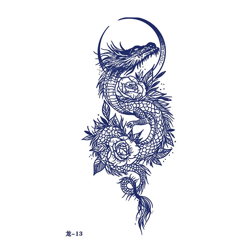 sengpan Waterproof Temporary Tattoo Sticker Japanese Style Black White Flame Dragon Body Art Fake Tattoo Flash Tattoo Arm Female Male