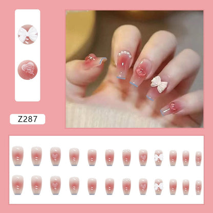 sengpan 24P Nail Art Fake Nails Japanese Ballerina Press on Nails Set Diamond Streamer Flash Fly Butterfly Seamless Removable False Nail