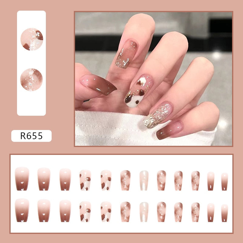 sengpan 24pcs Full Cover Wearable Press Fake Nails Art Free Gift Glue Sticker Tip Wearing Tools False Manicure Patch Paragraph