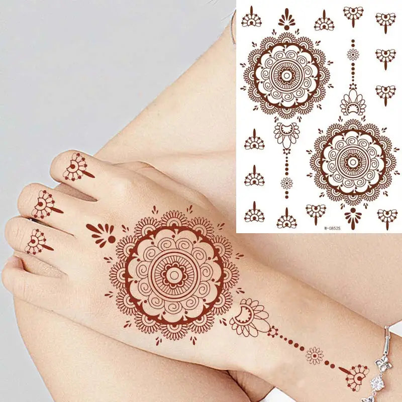 sengpan 9Pcs Brown Henna Temporary Tattoos for Women Henna Tattoo Sticker for Hand Body Art Moroccan Mehndi Design Tattoo Fake Hena