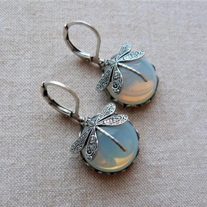 sengpan Vintage Metal Dragonfly Earrings Inky Blue Moonstone Brass Glass Cabochon Vintage Victorian Gifts for Women