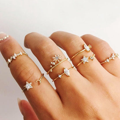 sengpan Bohemian Geometric Rings Sets Crystal Star Moon Flower Butterfly Constellation Knuckle Finger Ring Set For Women Fashion Jewelry