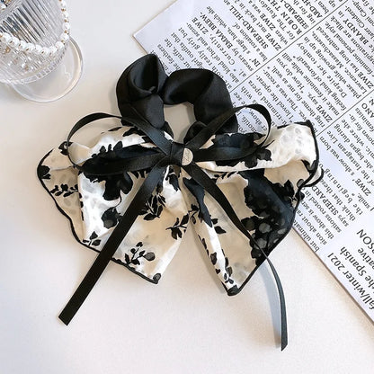 sengpan New Classy Women's Floating Ribbon Bow Ponytail Hair Ring Retro Ink Broken Flower Hairband Headband Girls Hair Accessories Gifts