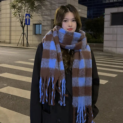 sengpan Retro Imitation Cashmere Scarf Winter Women Fashion Green Mohair Striped Scarves Korean Classic Thicken Warm Soft Shawl