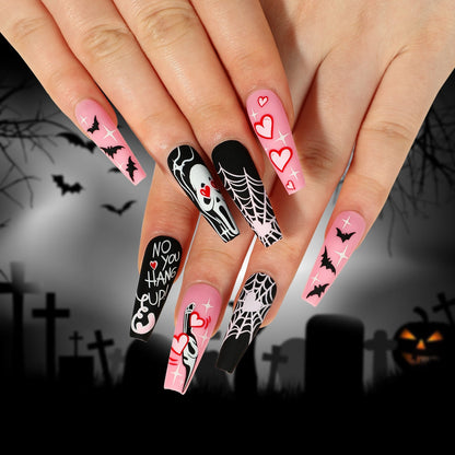 sengpan 24Pcs Halloween False Nails Long Ballet Fake Nails with Ghost Cobweb Design Pink French Coffin Full Cover Press on Nail Tips