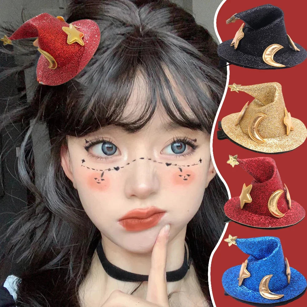 sengpan 1/4pcs Halloween Witch Hat Hair Clip Mini Star Moon Witch Cap Hairpin Headdress Women Costume Ornaments Headwear Party Gifts