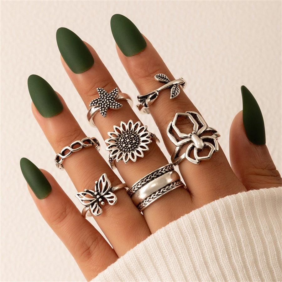 sengpan Christmas wishlist New Vintage Gothic Hip hop letter Butterfly Angle Flower Multi Element Ring Set For Women Men Retro Personality Finger Ring Gifts