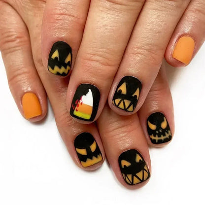 sengpan 24pcs/set Halloween Press-On Nails Set - Short Square, Glossy Finish with Cute Ghost & Pumpkin Designs in Orange/Black for Women