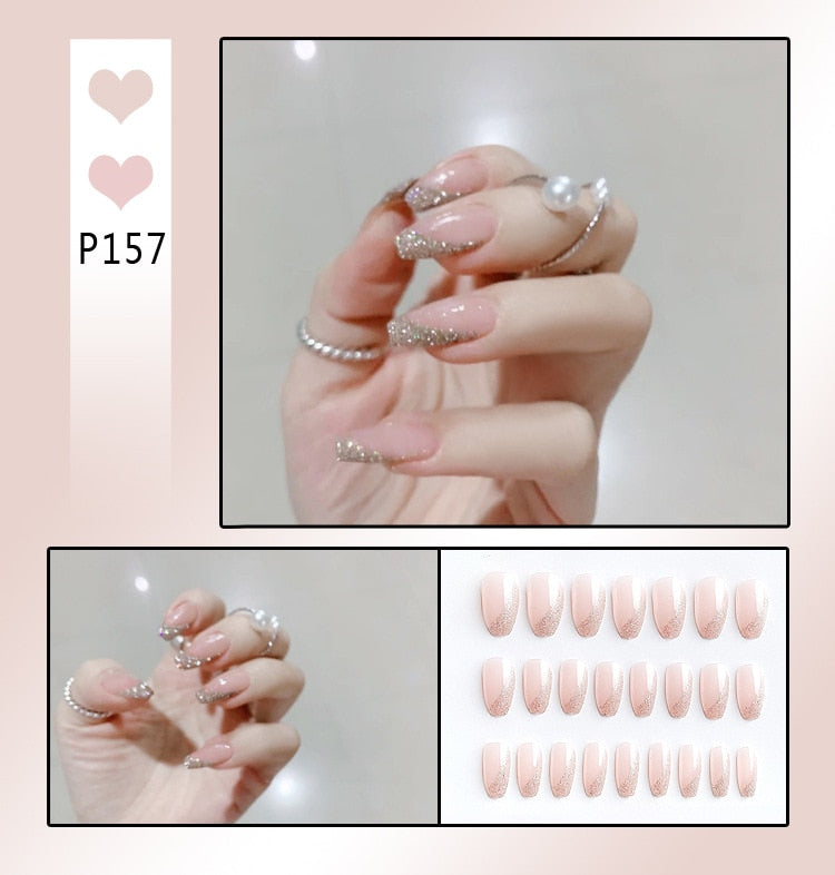 sengpan 24Pcs French With Drill Short Fake Nails Press On Nail Tips Artificial Full Cover Cute Bow Wearing False Nails Art Free Shipping