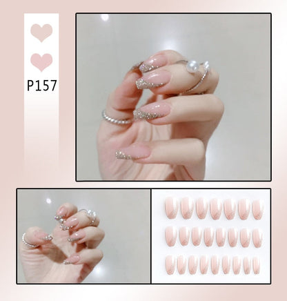 sengpan 24Pcs French With Drill Short Fake Nails Press On Nail Tips Artificial Full Cover Cute Bow Wearing False Nails Art Free Shipping