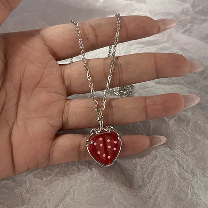 sengpan Simple Red Glass Cross Cherry Strawberry Heart Pendant Necklace for Women Stainless Steel Jewelry Accessories