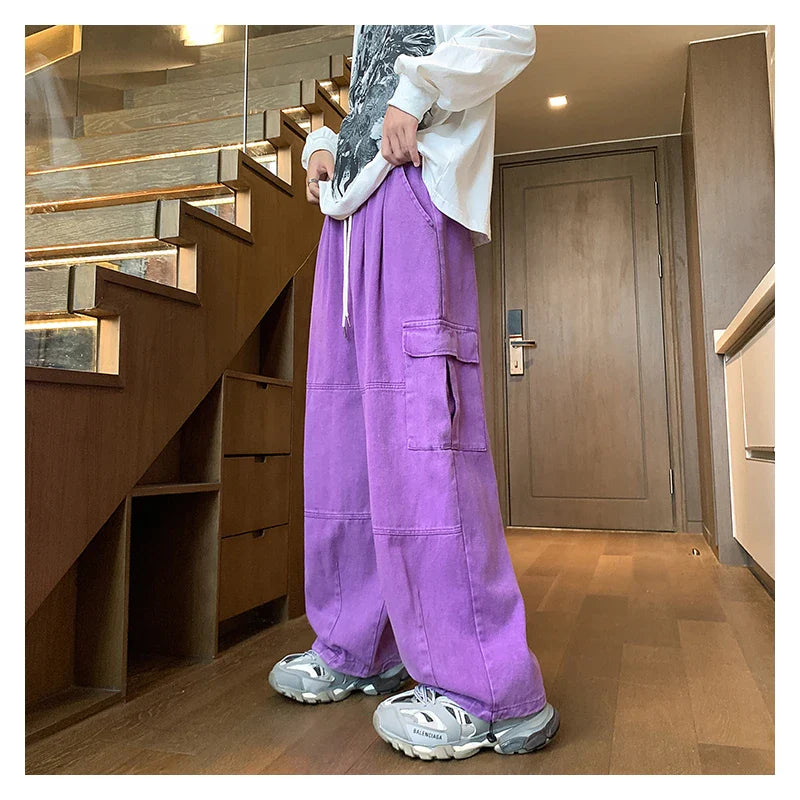 BONSIR  -  Multi-Pocket Washed Cargo Pants Men Women Y2K Vintage Streetwear Loose Oversized Straight Wide-Leg Jeans Dark Green/Purple