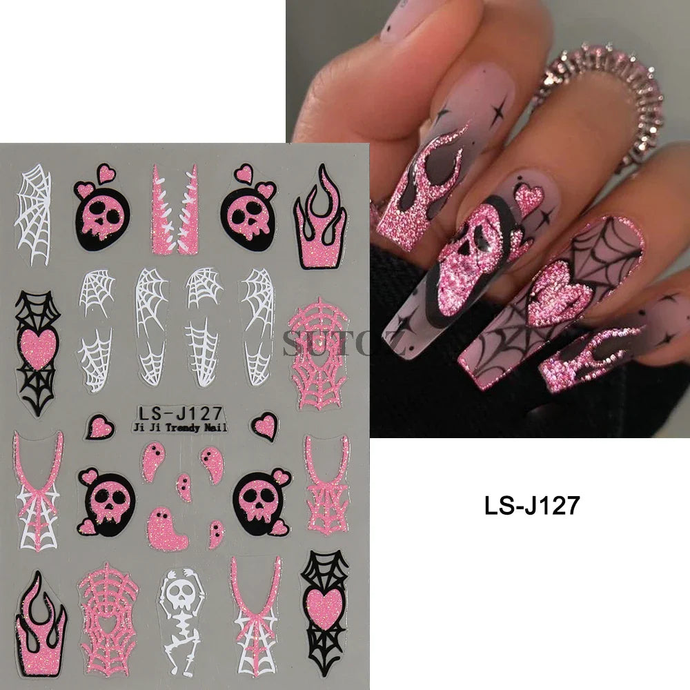 sengpan 5D Ghost Halloween Nail Art Stickers Cartoon Pumpkins Skulls Flowers Nail Decals Y2K Halloween Self-Adhesive Manicure Deco JI-5D