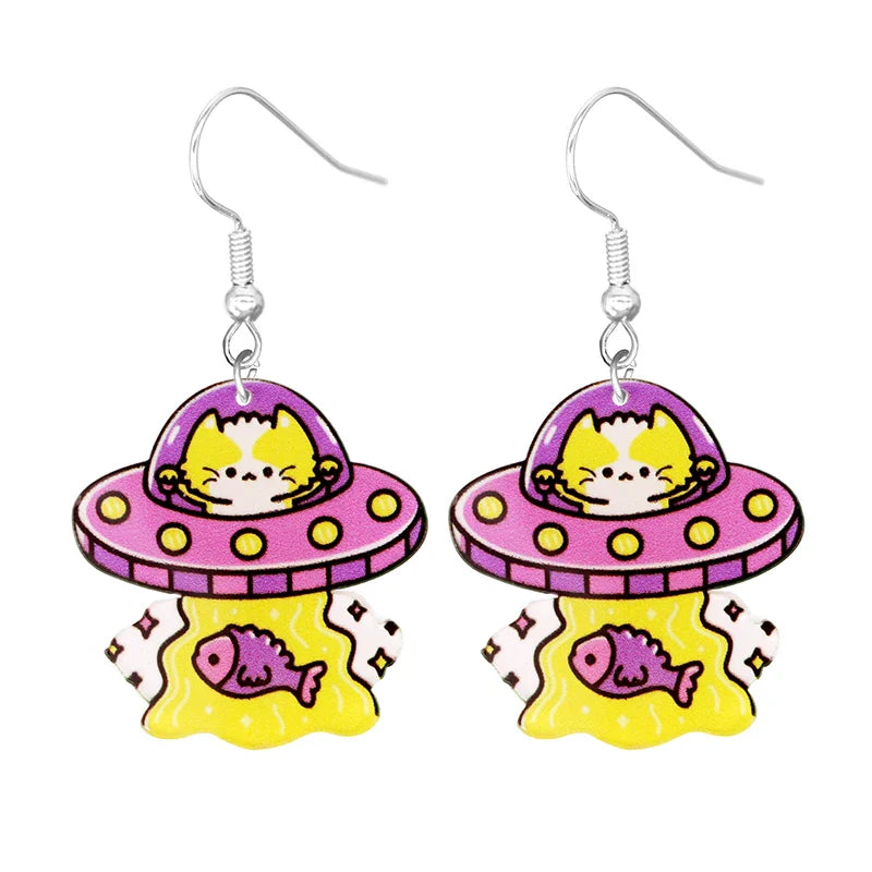 sengpan Halloween Earrings Cute Cartoon Cat Crow UFO Bat Design Dangle Earrings Acrylic Jewelry Versatile Accessories