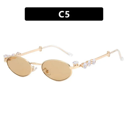 Lianfudai Metal Oval Shades Women Men Rhinestone Diamonds Sunglasses 2024 Unisex Bling Eyeglasses Frames  Uv400 Fashion Eyewear Glasses