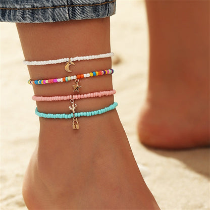 sengpan Simple Heart Boho Anklet Bracelets For Women Summer Holiday Beach Chain Bead Ankle Bracelet On Leg Foot Wedding Party Jewelry