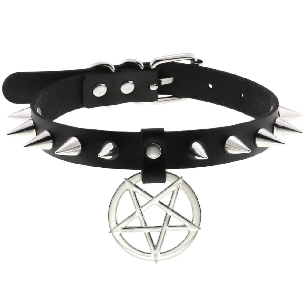 sengpan Trendy Punk Spike Rivet Leather Women Choker Bell Pentagram Harajuku Collar Necklaces Handmade Boho Gothic Girl Collier  Jewelry