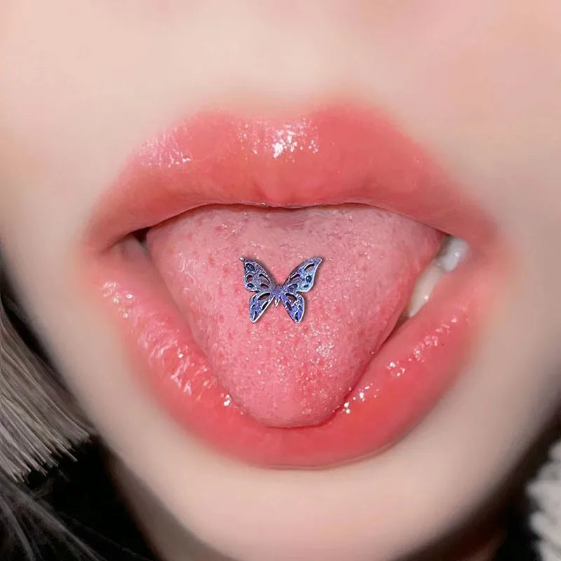 sengpan Punk Titanium Steel Butterfly Tongue Nail Pierced Lingual Rings Girl Rose Bee Tongue Ring Helix Piercing Stud Earrings Jewelry