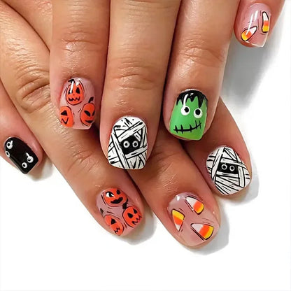 sengpan 24pcs/set Halloween Press-On Nails Set - Short Square, Glossy Finish with Cute Ghost & Pumpkin Designs in Orange/Black for Women