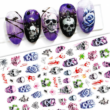 sengpan 3D Halloween Nail Stickers Clown Skull Bone Pumpkin Cartoon Spider Bat Nail Decals Self-Adhesive Nail Art Stickers Nails Decor