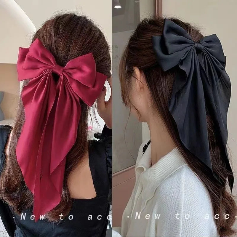 sengpan Chiffon Bow Hair Clip Women Large Bowknot Stain Hairpin Barrettes Girls Solid Color Ponytail Clip Hair Accessories Headwear Gift