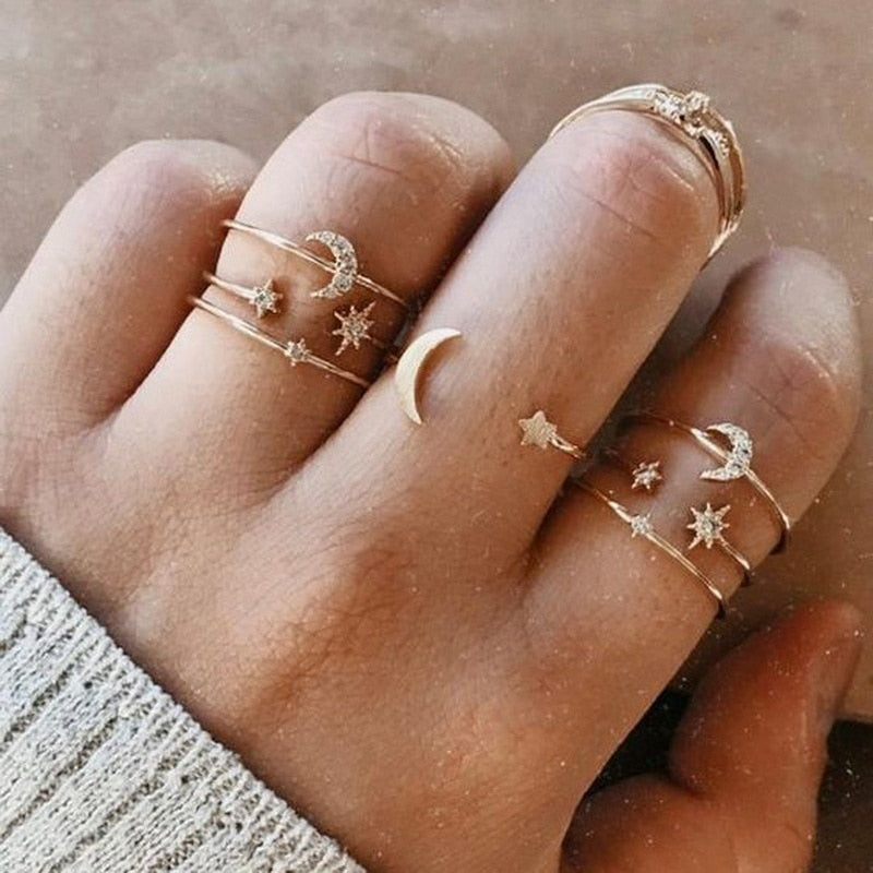 sengpan Bohemian Geometric Rings Sets Crystal Star Moon Flower Butterfly Constellation Knuckle Finger Ring Set For Women Fashion Jewelry