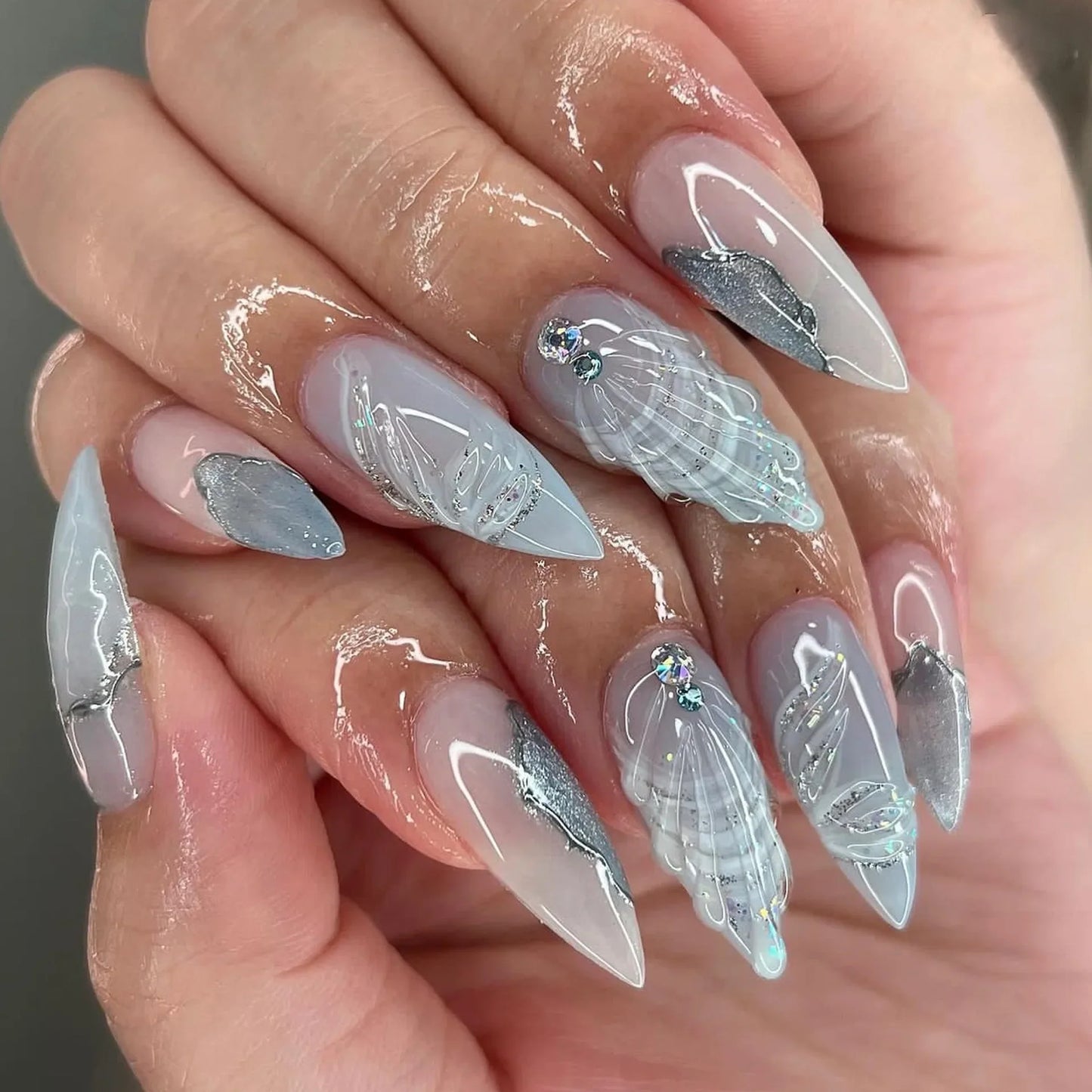 sengpan Simple Stiletto French Fake Nails for Valentine's Day Almond Sweet False Nails with Glue Full Cover Artificial Nails Press On