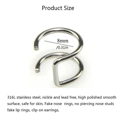 sengpan 2pcs 316L Stainless Steel Fake Ear Piercing Jewelry for Women Men, Clip on Ear Cuffs Fake Lip Ring Non Piercing Labret Rings