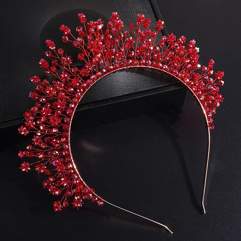 sengpan Trendy Red Crystal Bridal Crown Wedding Hair Accessories for Woemn Headdress Party Jewelry Bride Headpiece Tiara Bridal Headwear