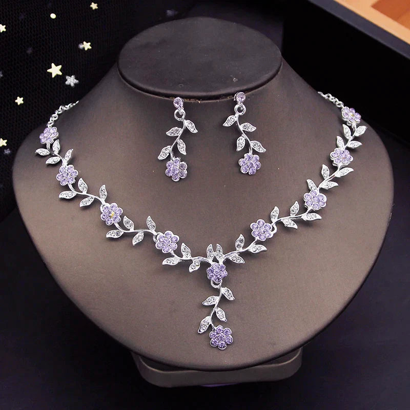 sengpan Rhinestone Bride Jewelry Sets for Women Luxury Flower Choker Necklace Earrings Wedding Dress Bridal Necklace Sets Fashion