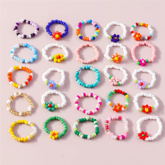 sengpan Korean Colorful Small Flower Ring Sets Bohemia Handmade Multi Beaded Rice Beads Finger Ring For Women Beach Jewelry Gifts