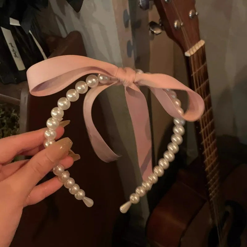 sengpan Pink Satin Pearl Hair Band Korean Girl Bow Ribbon Sweet Temperament Headband Hair Hoop Headwear for Women Jewelry Accessories