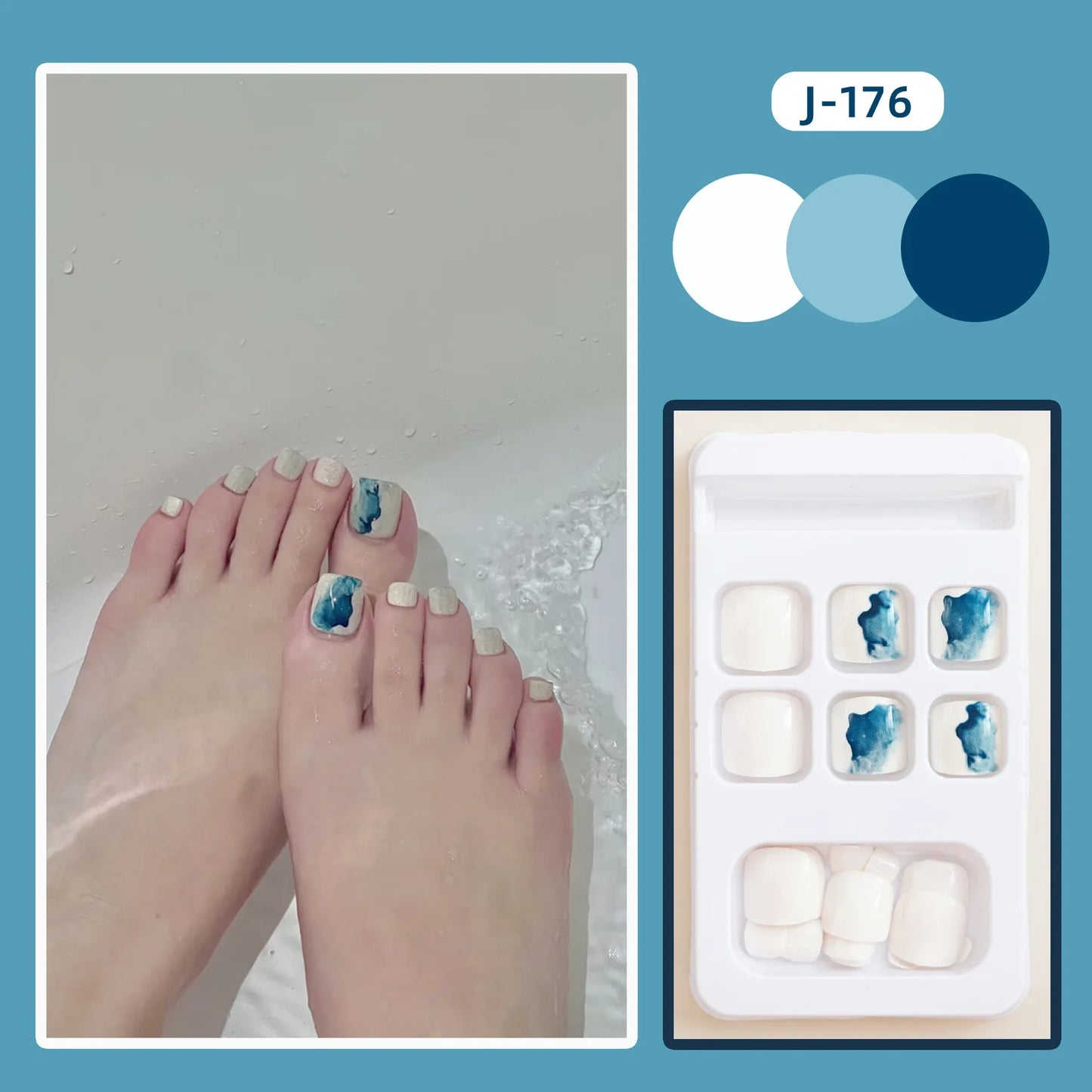 sengpan 24Ps Glossy Lake Blue Press on Toe Nails Artificial Acrylic Fake Toenails Full Coverage Removable Wearable Toe Nail Art Finished