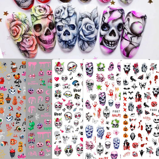 sengpan 3D Skull Pumpkin Head Bat Nail Stickers Nail Supplies Nail Sliders Halloween Stickers Nail Decorations Nail Decals