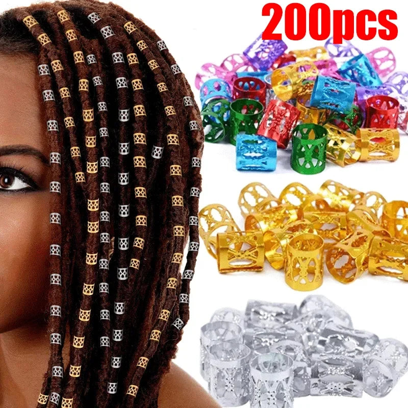 sengpan 100/200pcs Gold Silver Dreadlock Hair Rings Adjustable Cuff Clip Hair Braids Dirty Braids Beads Hairpin Jewelry Hair Accessories