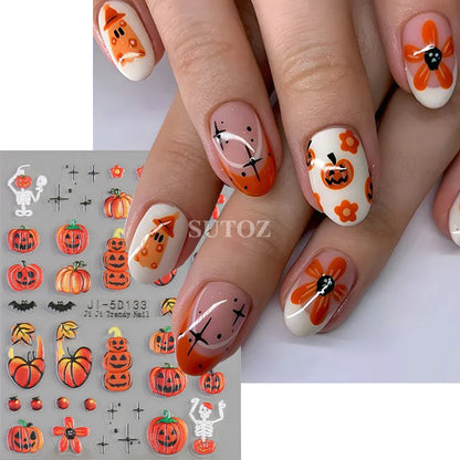 sengpan 5D Ghost Halloween Nail Art Stickers Cartoon Pumpkins Skulls Flowers Nail Decals Y2K Halloween Self-Adhesive Manicure Deco JI-5D