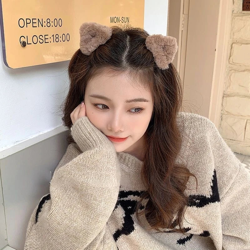 sengpan Plush Cat Ears Hair Clips For Women Girls Lamb Cashmere Hairpin Forehead Bangs Clip Fluffy Children New Winter Hair Accessories